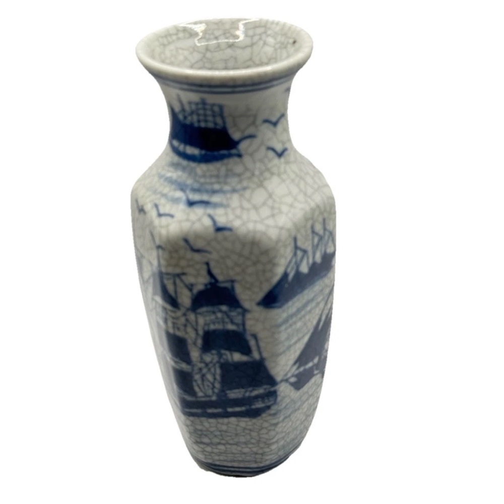 Seymour Mann Blue & White Porcelain Vase Sailing Ships Vintage